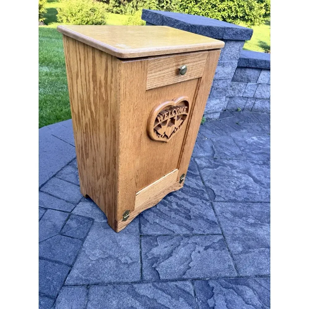 VTG Large Solid Oak Wood Hand Carved Laundry Hamper /Waste Bin H30.5xW20xD12.5”